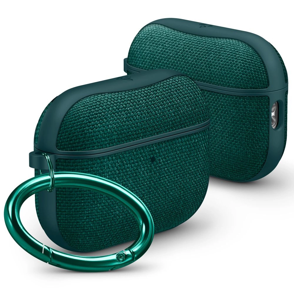 Due custodie per AirPods in tessuto verde scuro con un moschettone verde lucido.