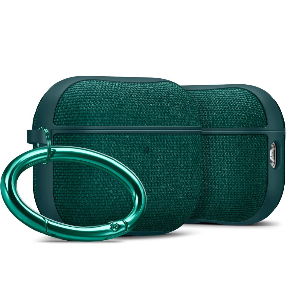 Custodia per cuffie in tessuto verde scuro con un moschettone lucido abbinato.
