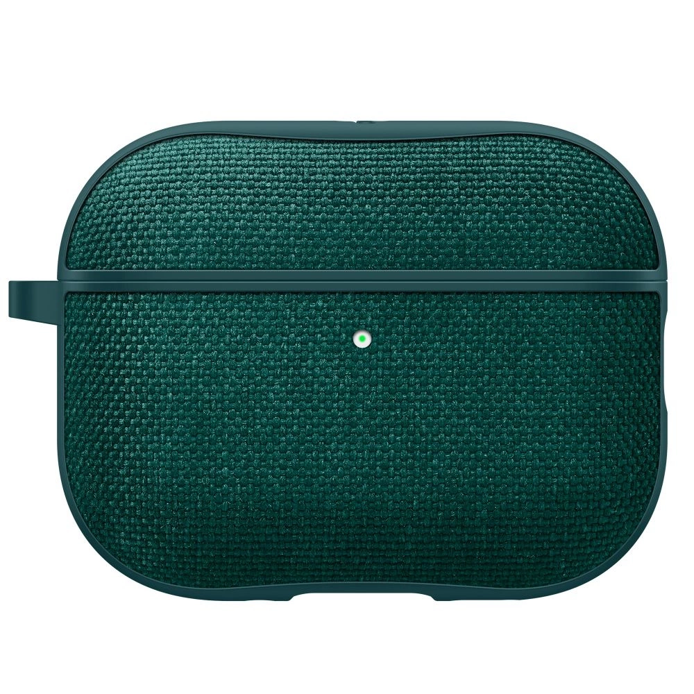 Custodia per AirPods verde scuro con trama in tessuto e LED.