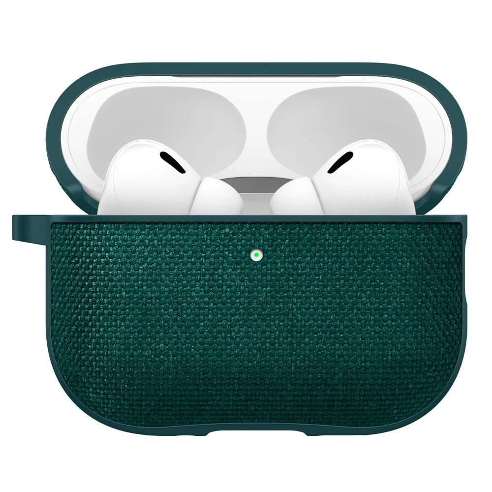 AirPods bianche in una custodia di ricarica in tessuto verde scuro con LED acceso.