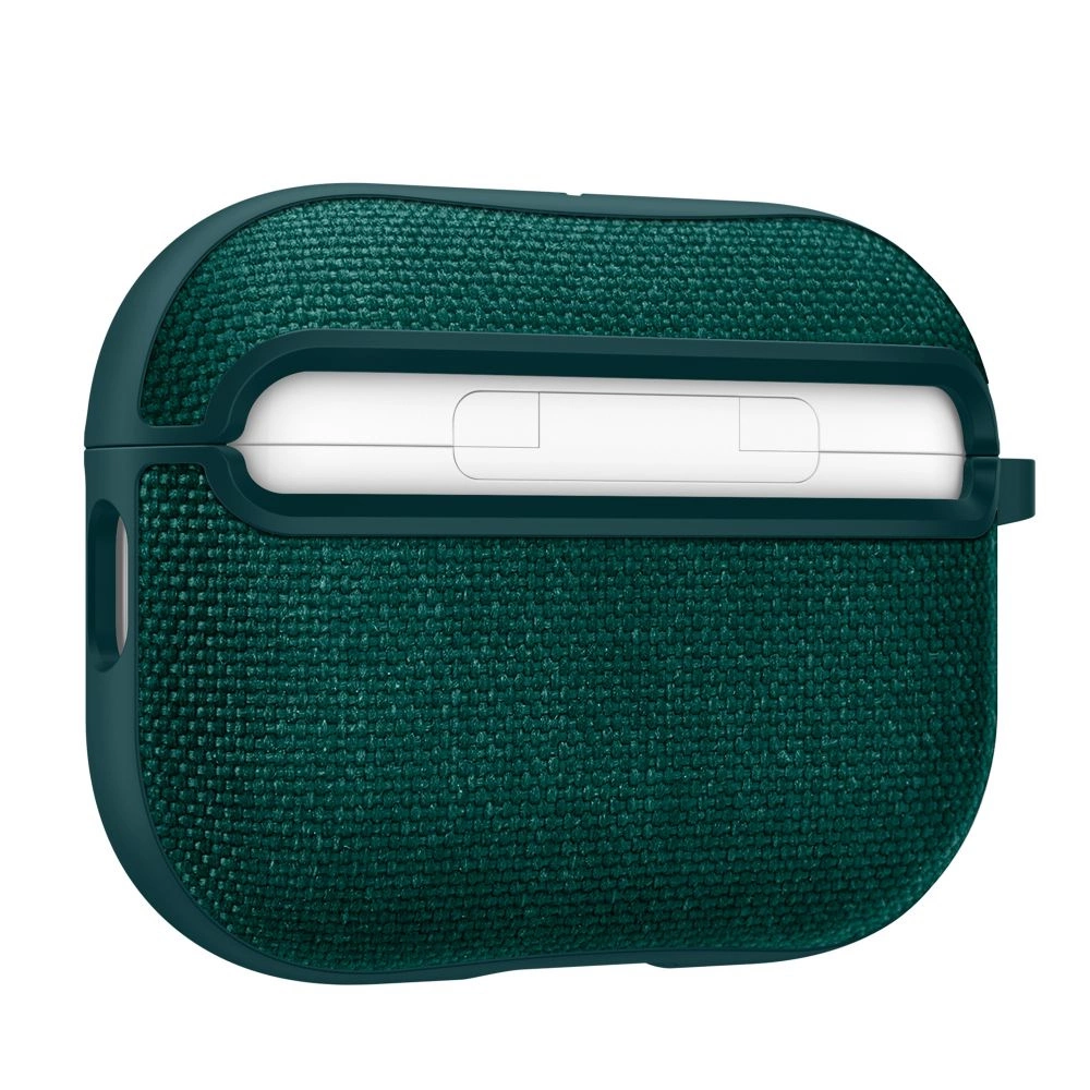 Custodia per AirPods verde scuro con trama in tessuto e custodia di ricarica bianca.