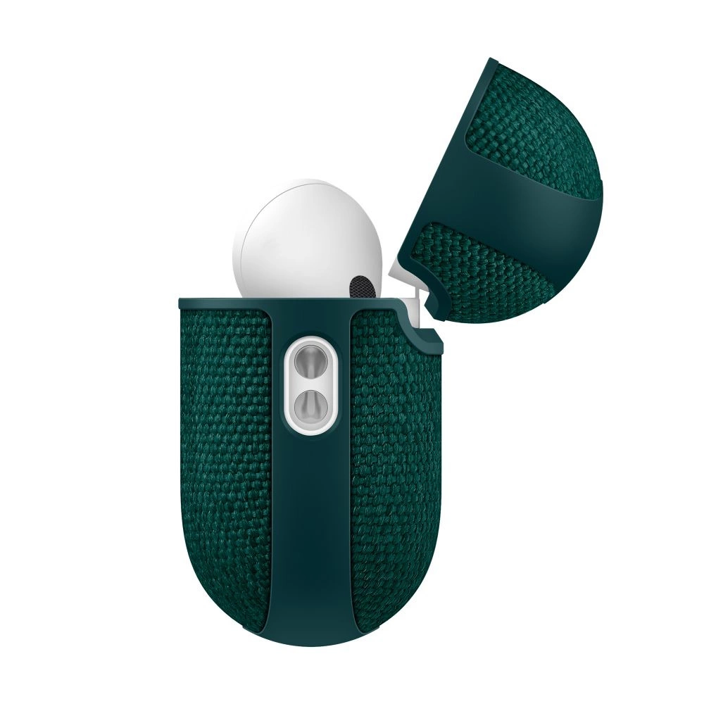 Un auricolare bianco all'interno di una custodia protettiva verde scuro.