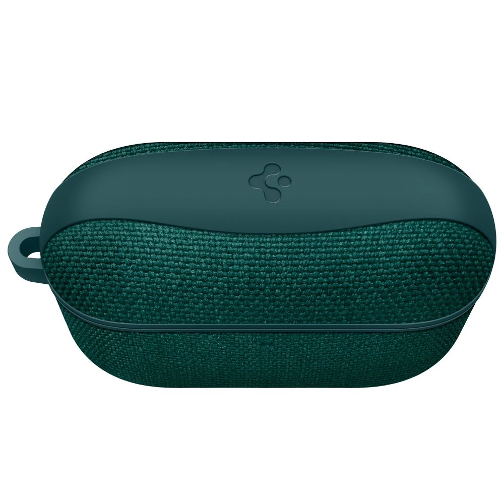 Custodia per auricolari in tessuto verde scuro con coperchio in plastica liscia e logo su sfondo bianco.