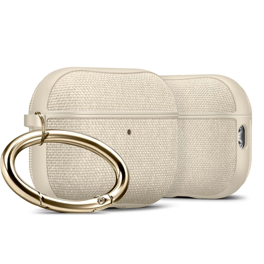 Custodia per cuffie in tessuto beige con un grande moschettone dorato.