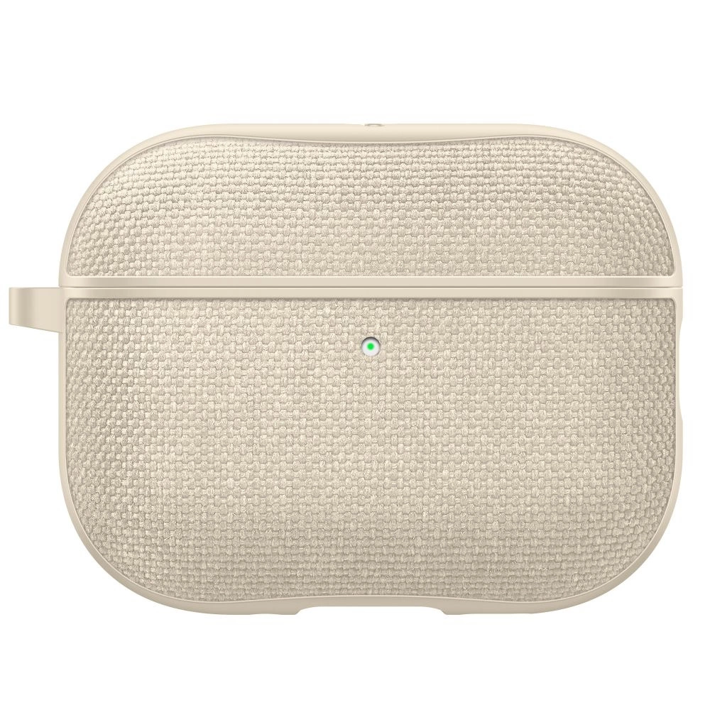 Custodia per auricolari wireless beige con tessuto testurizzato e LED.