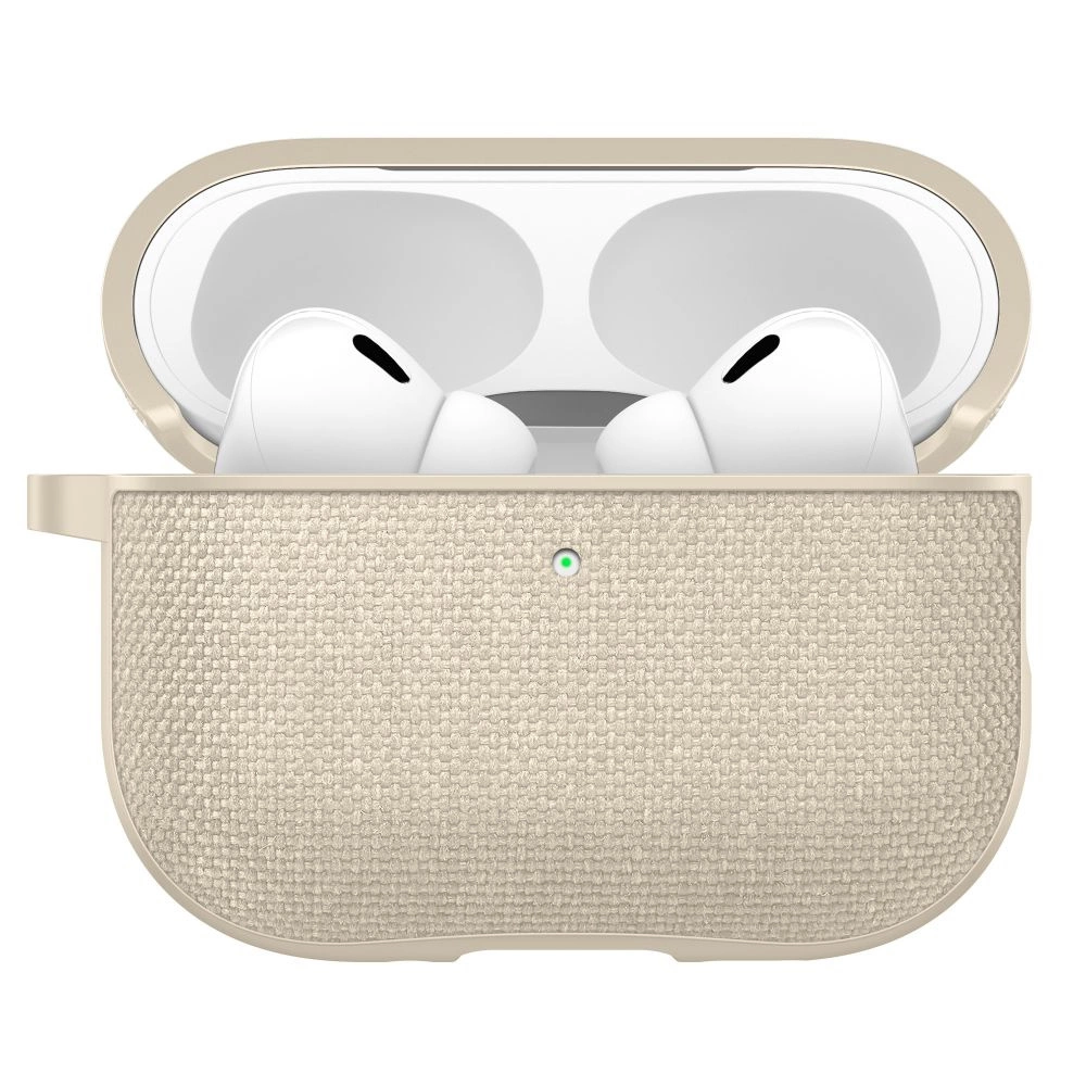 Auricolari bianchi in una custodia beige testurizzata con luce verde.