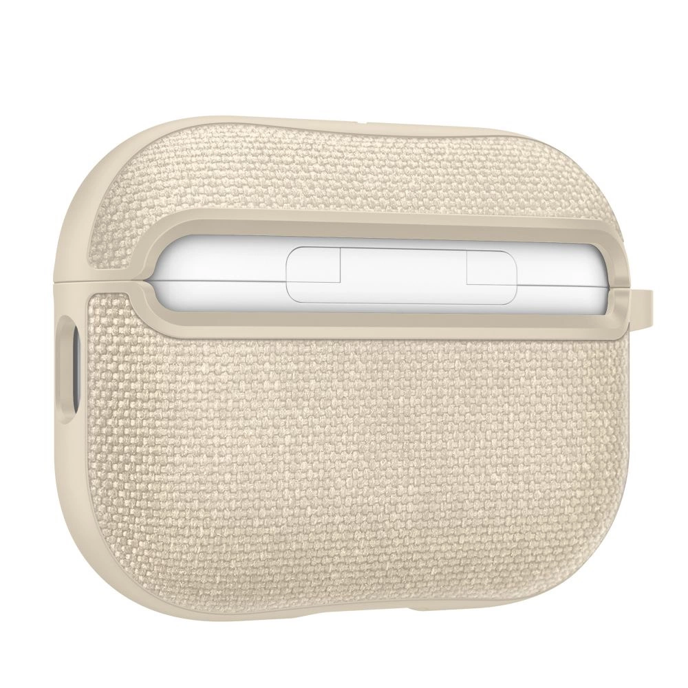 Una custodia di ricarica per AirPods Pro beige in tessuto su sfondo bianco.
