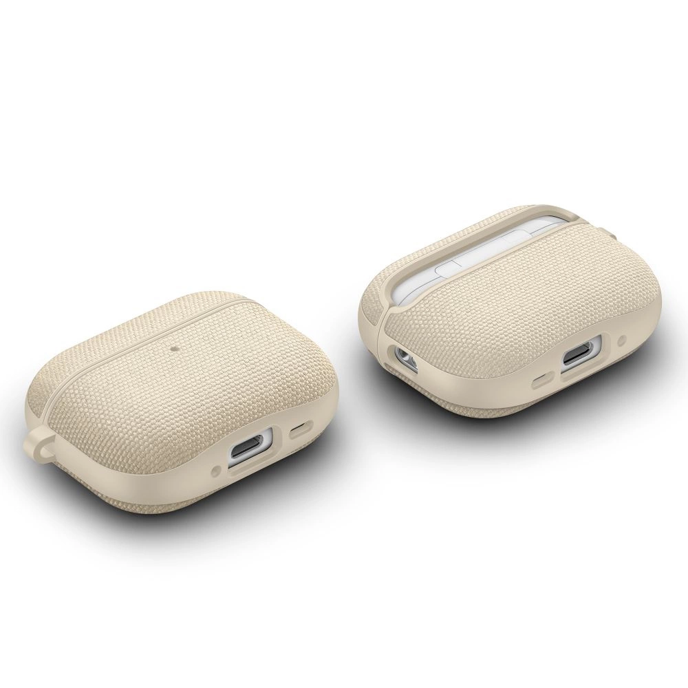 Due custodie protettive in tessuto beige per AirPods su sfondo bianco.