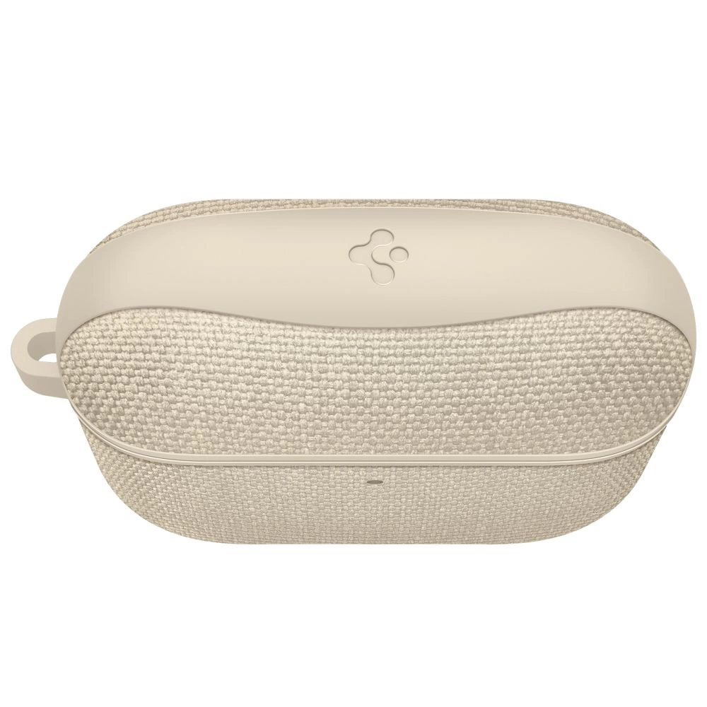 Custodia protettiva beige per cuffie con texture in tessuto e logo.