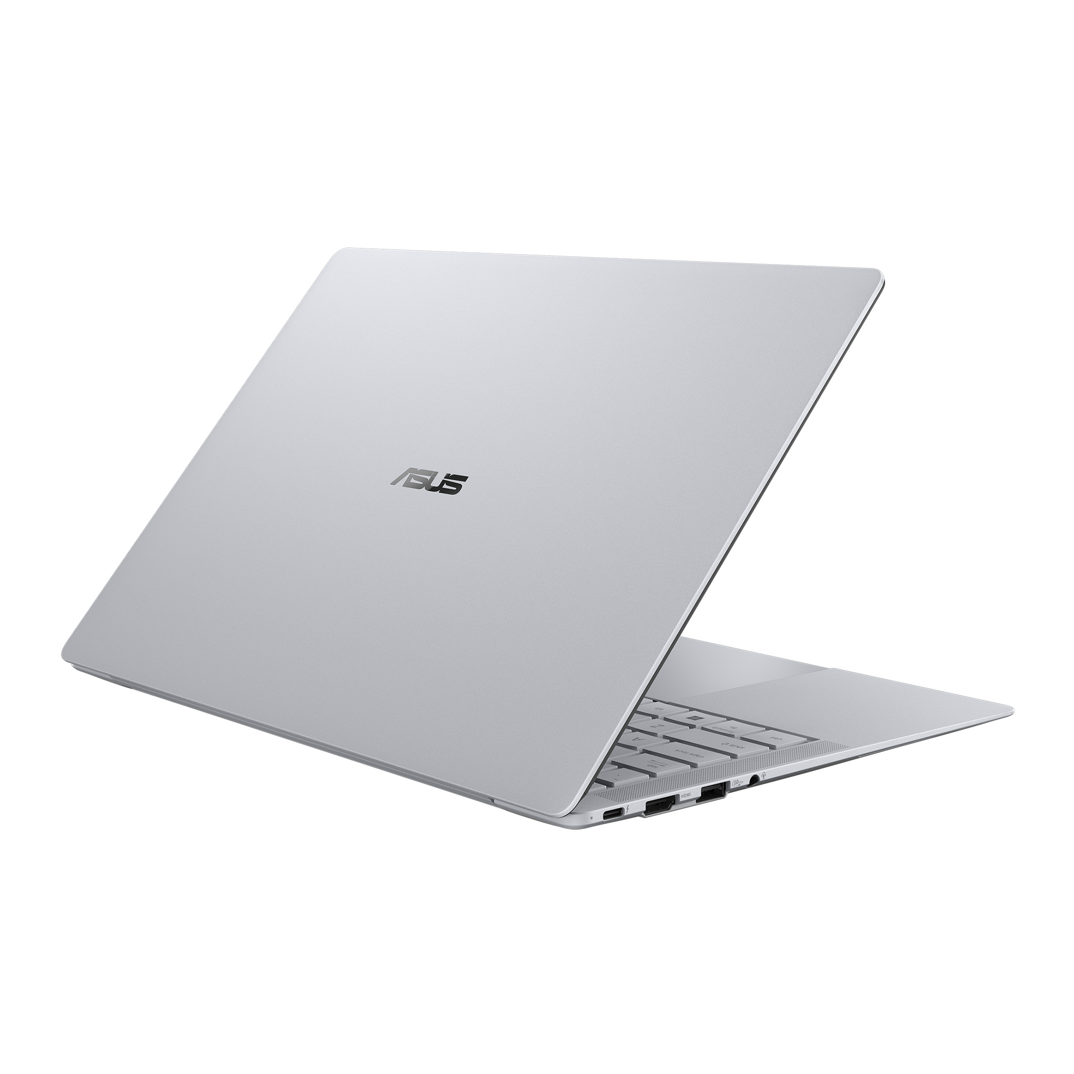 Ein silberner ASUS-Laptop von hinten und der Seite auf weißem Hintergrund.