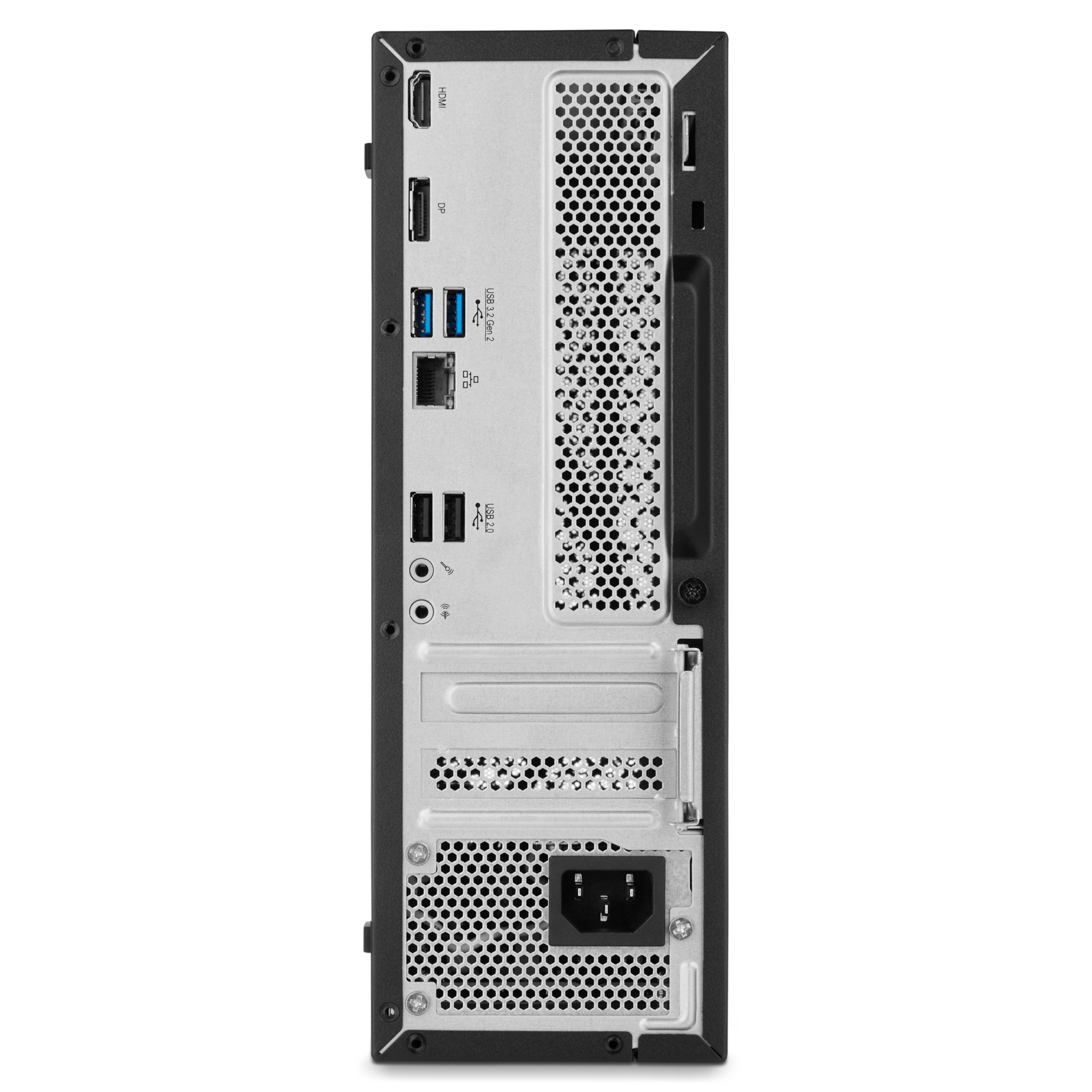 Rückansicht eines Desktop-PCs mit HDMI, DisplayPort, USB, Ethernet und Stromanschluss.