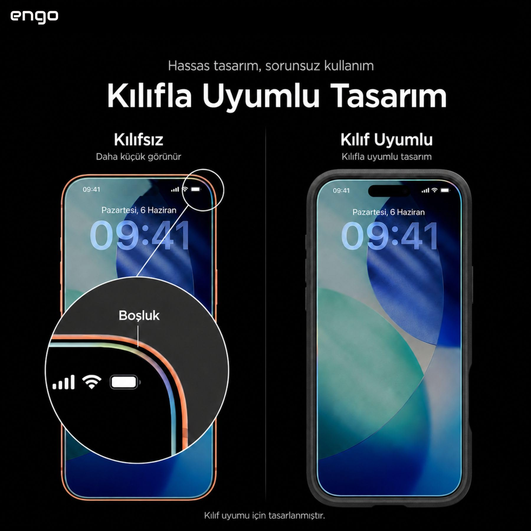 Kılıfsız boşluklu ve kılıf uyumlu tasarıma sahip iki akıllı telefonun karşılaştırması.