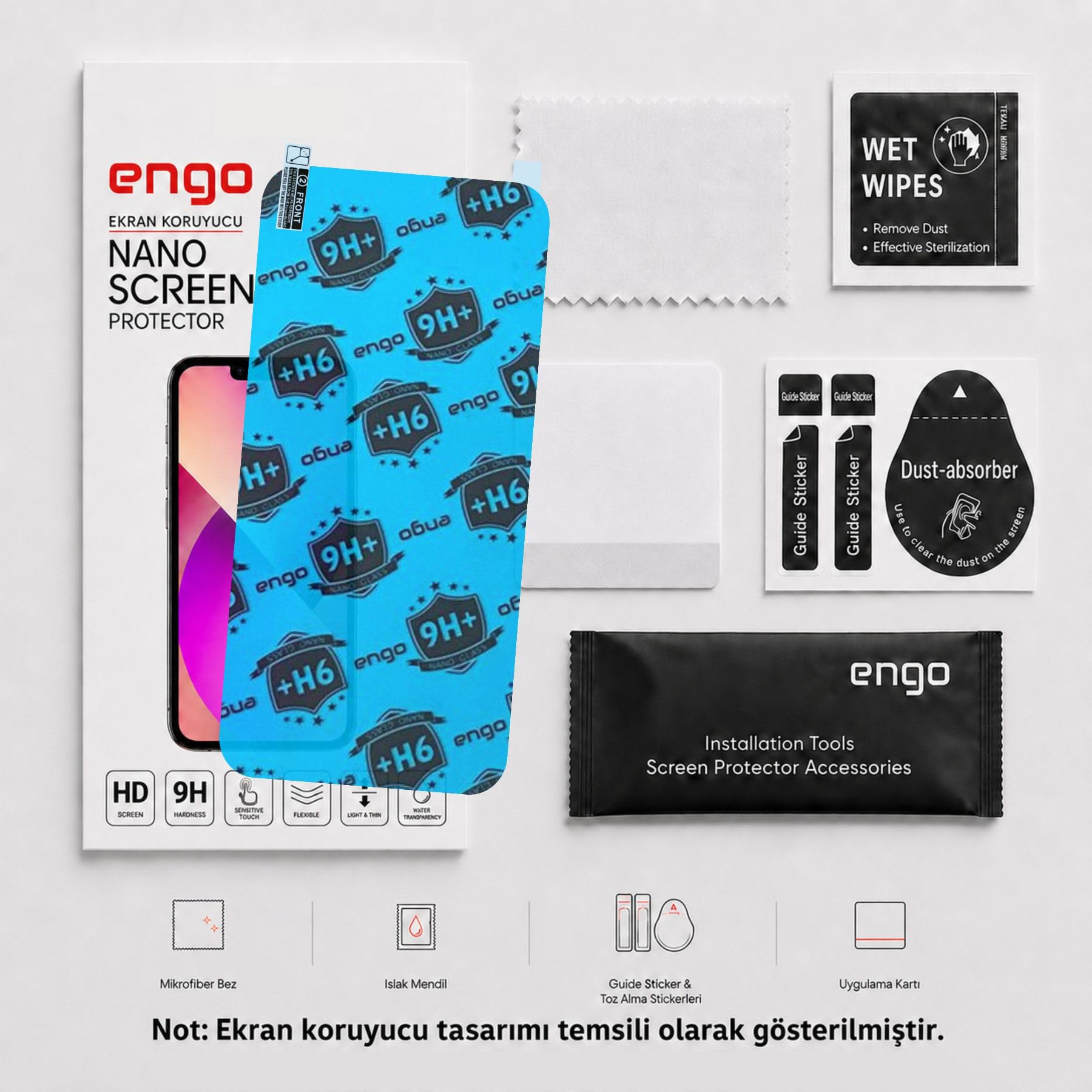 Temizleme mendilleri, toz emici ve telefon ekranı illüstrasyonu içeren Engo nano ekran koruyucu seti.