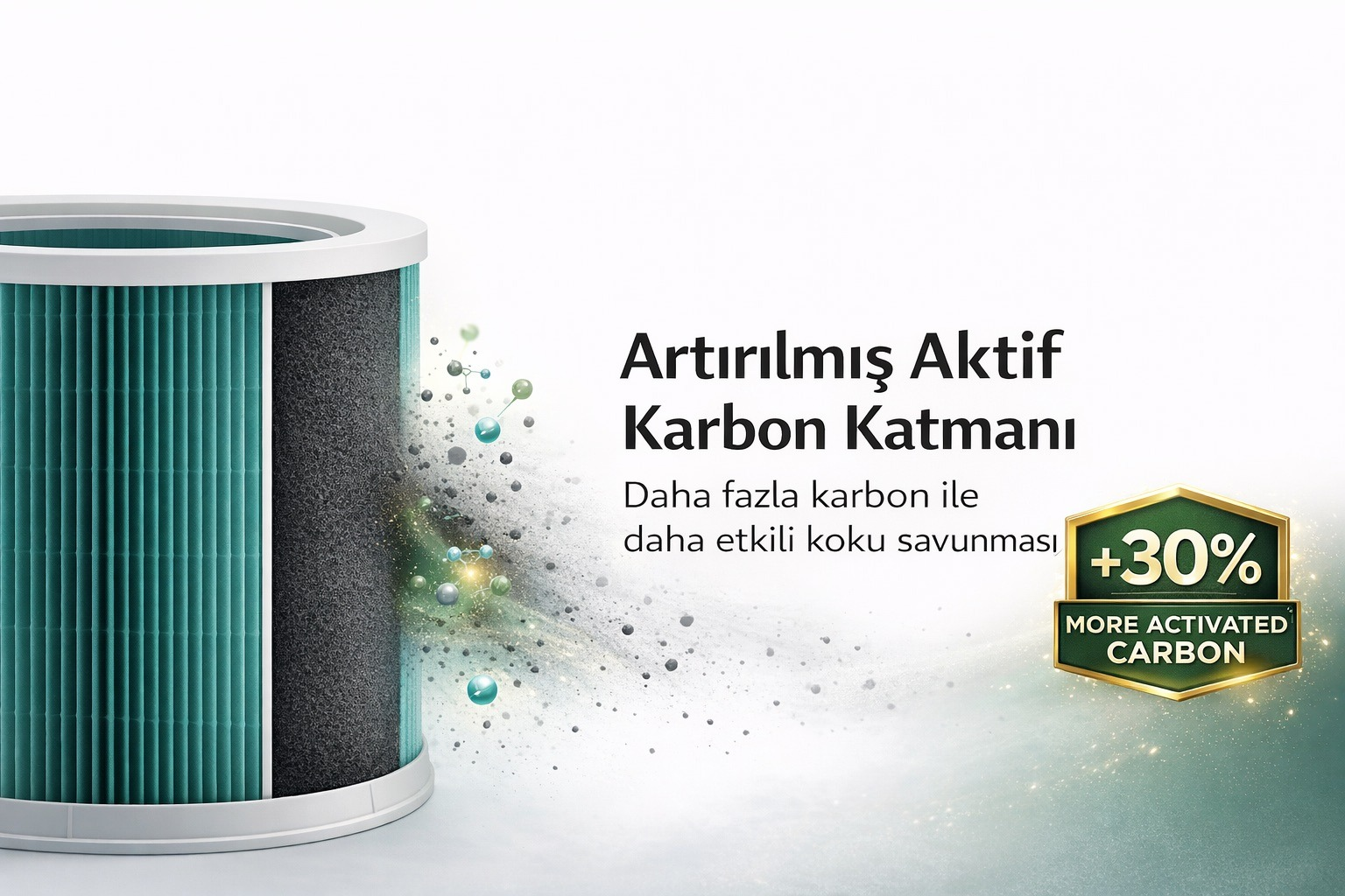 Aktif karbon katmanlı silindirik hava filtresi, Türkçe metin ve yüzde 30 daha fazla aktif karbon rozeti.