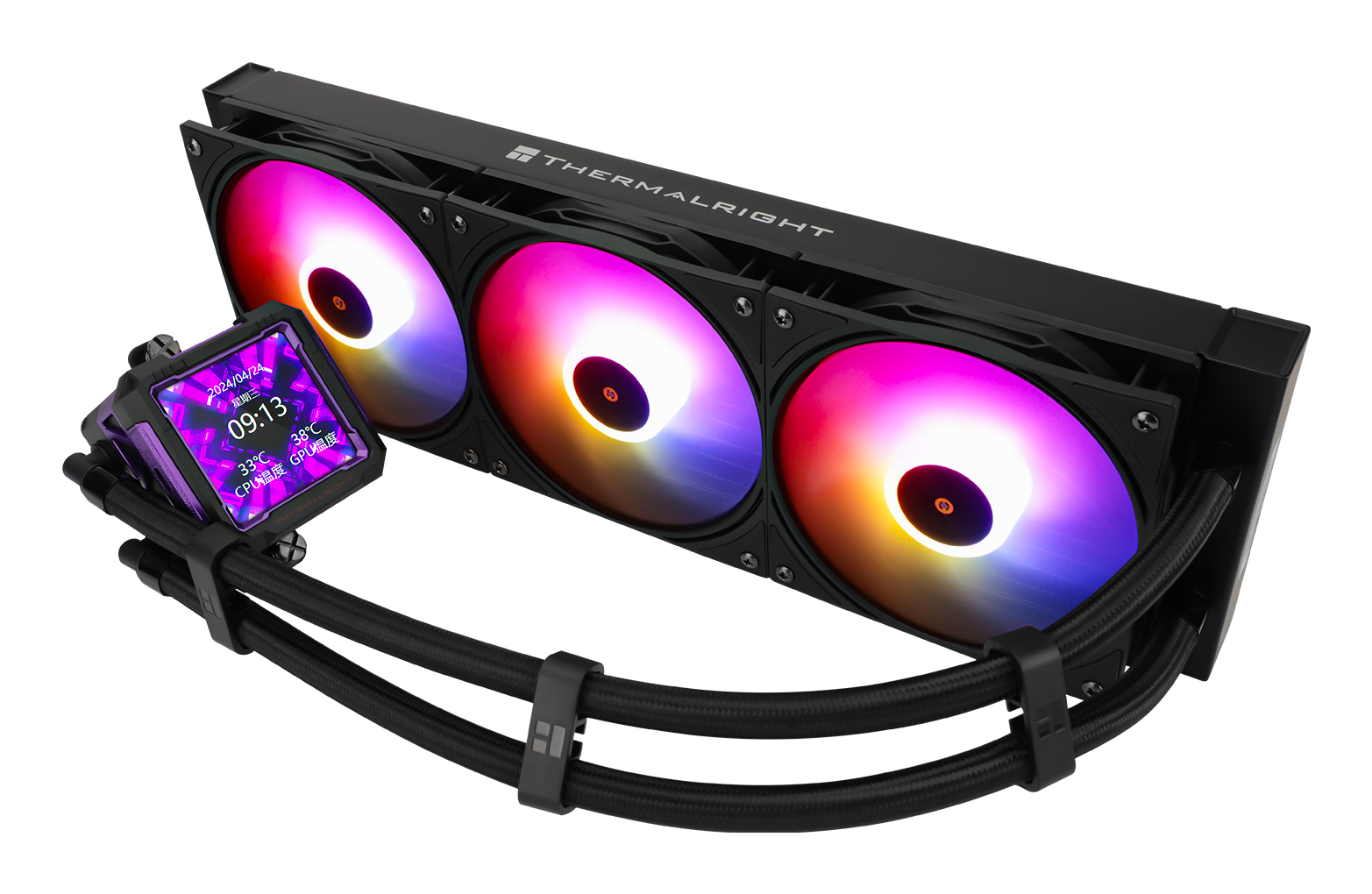 Üç RGB fanlı, radyatörlü ve ekranlı pompa başlıklı Thermalright hepsi bir arada sıvı soğutucu.