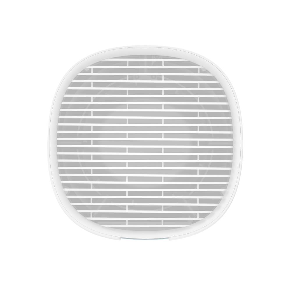 Eine runde weiße Abdeckung mit horizontalen Lamellen auf einem neutralen Hintergrund.