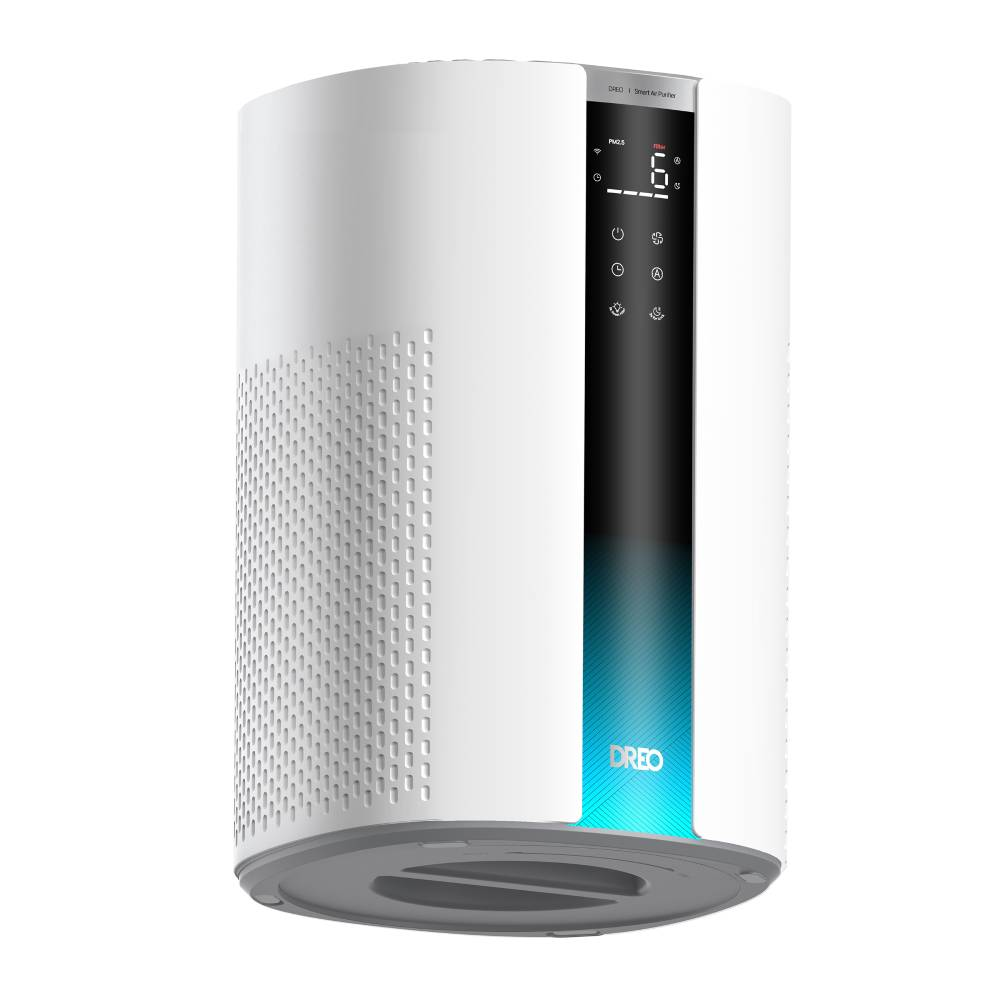 Ein weißer, zylindrischer Dreo Smart Air Purifier mit vertikalem schwarzen Bedienfeld und blauem Licht.