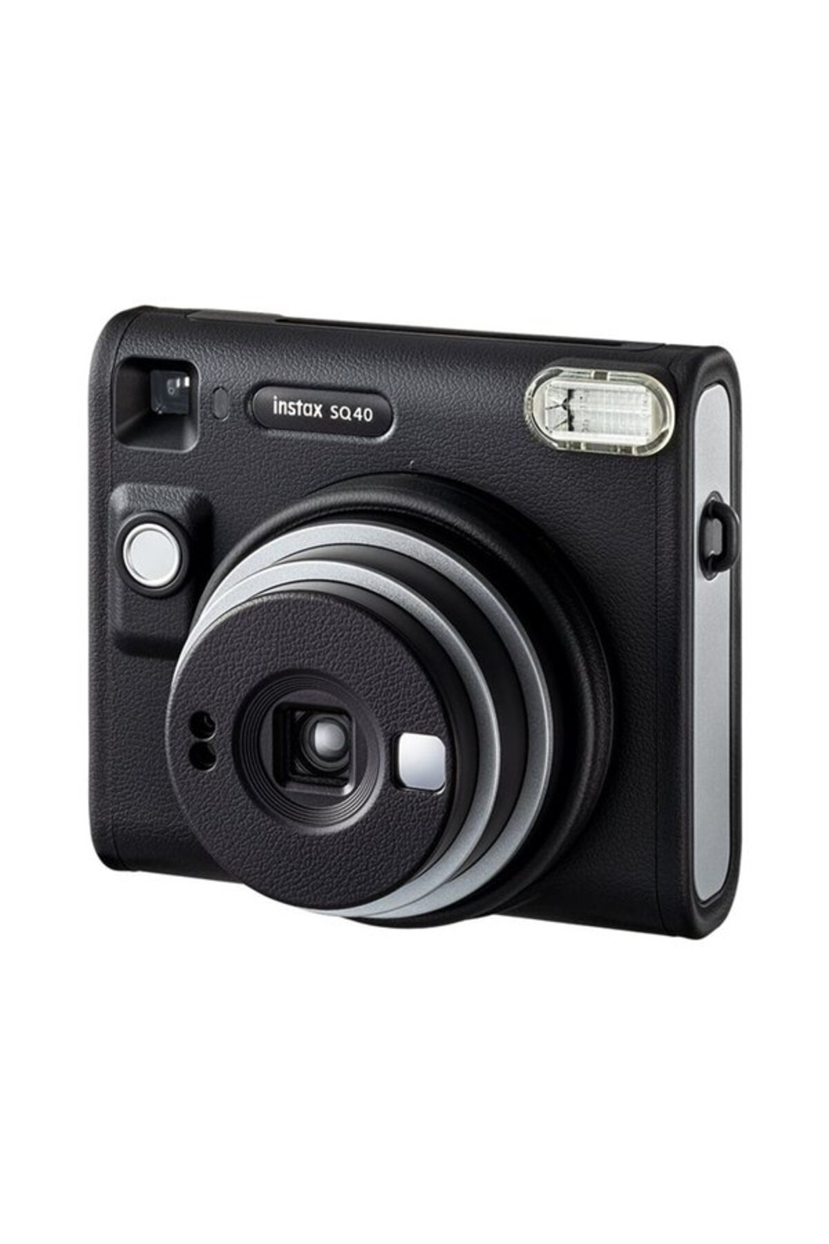 Gümüş detaylı siyah Fujifilm Instax SQ40 anlık fotoğraf makinesi.