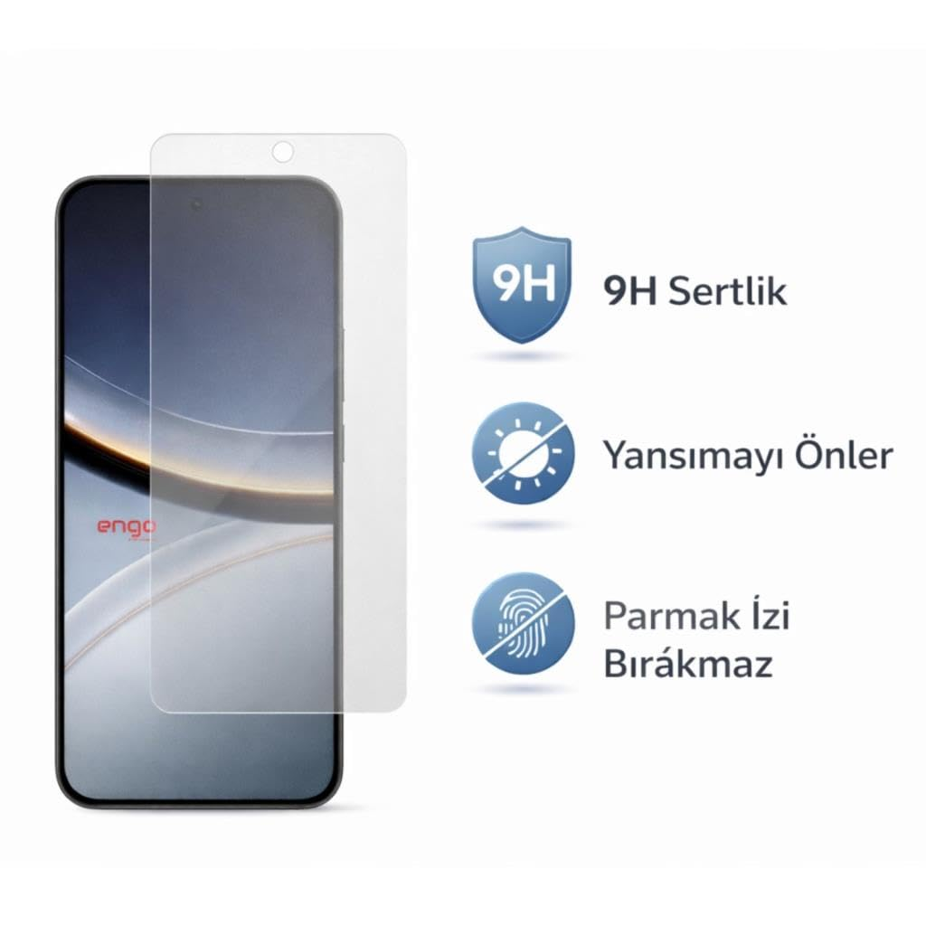 Cam ekran koruyuculu akıllı telefon ve sağda üç özellik simgesi.