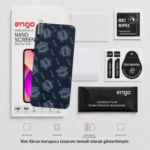 Ambalajı, ıslak mendili, toz alıcısı ve montaj araçlarıyla Engo nano ekran koruyucu kiti.