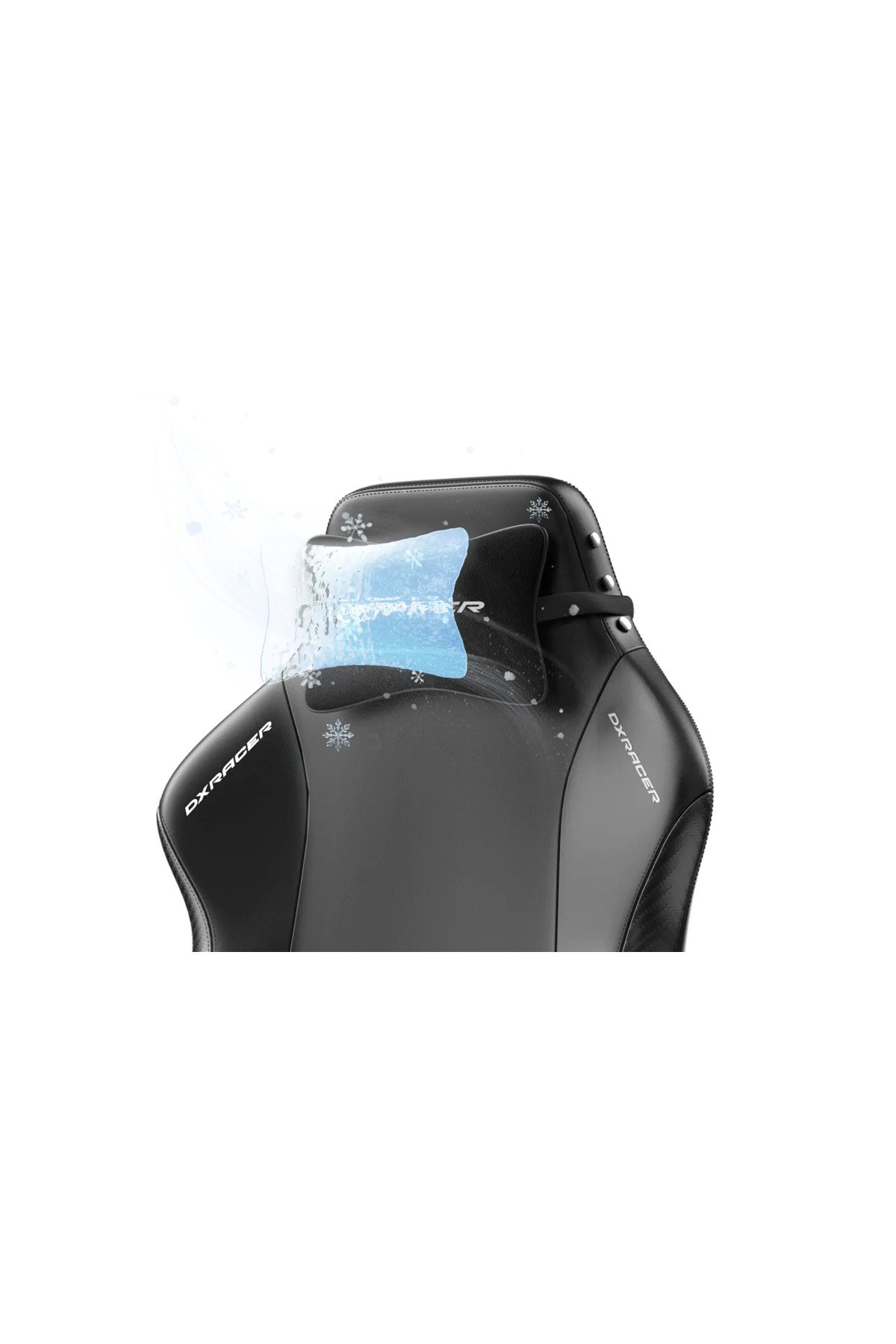 Soğutma teknolojisini belirten kar taneli mavi grafikli siyah DXRacer oyuncu koltuğu başlığı.