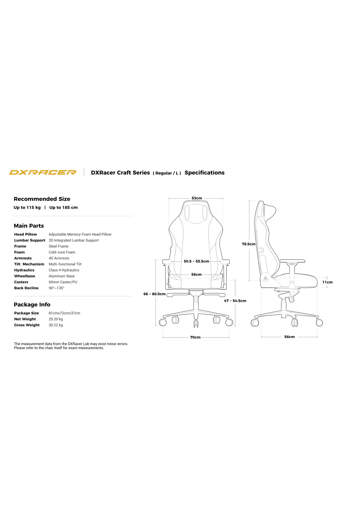 Boyutları ve teknik özellikleri ile DXRacer Craft Serisi teknik çizimi.