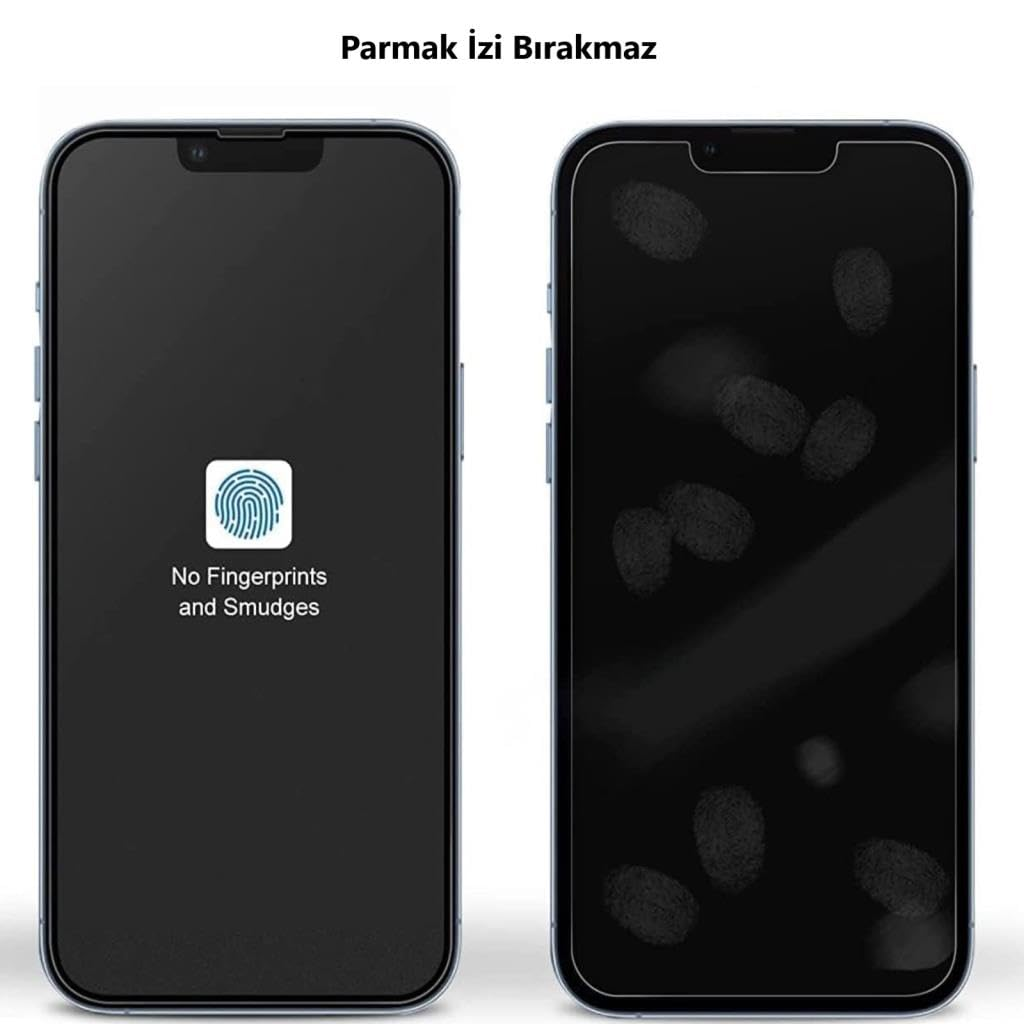 İki akıllı telefonun karşılaştırması: biri lekesiz parmak izi simgesi gösterirken, diğerinde parmak izleri görünür.