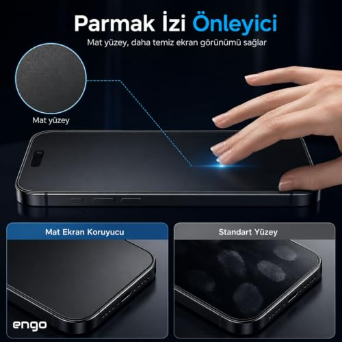 Parmak izi koruyuculu mat akıllı telefon ekranına dokunan bir el ve standart parlak yüzeyle karşılaştırması.