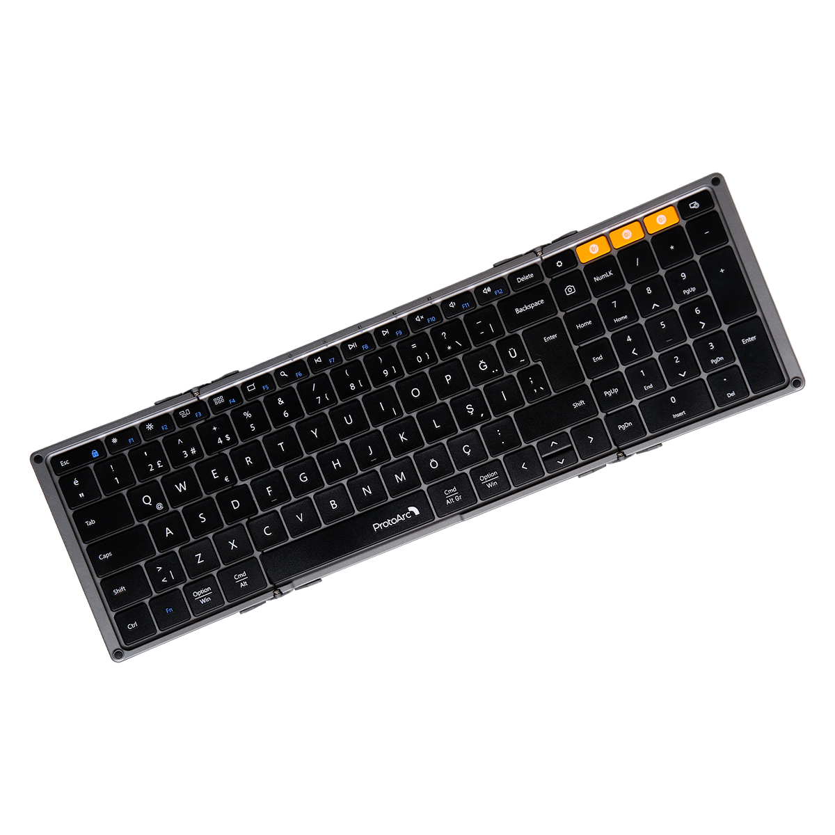 Siyah tuşlu ve üç turuncu medya tuşlu gri renkli katlanabilir QWERTY klavye.