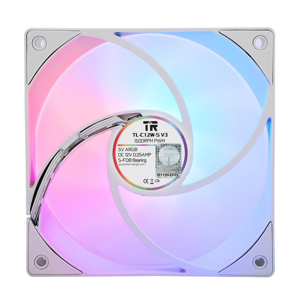 Kırmızı, pembe ve mavi tonlarında yanan entegre RGB aydınlatmalı ve beyaz çerçeveli kare bir PC fanı.