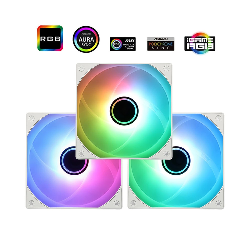 Üst kısımda renkli RGB aydınlatma ve marka logoları bulunan üç beyaz bilgisayar fanı.
