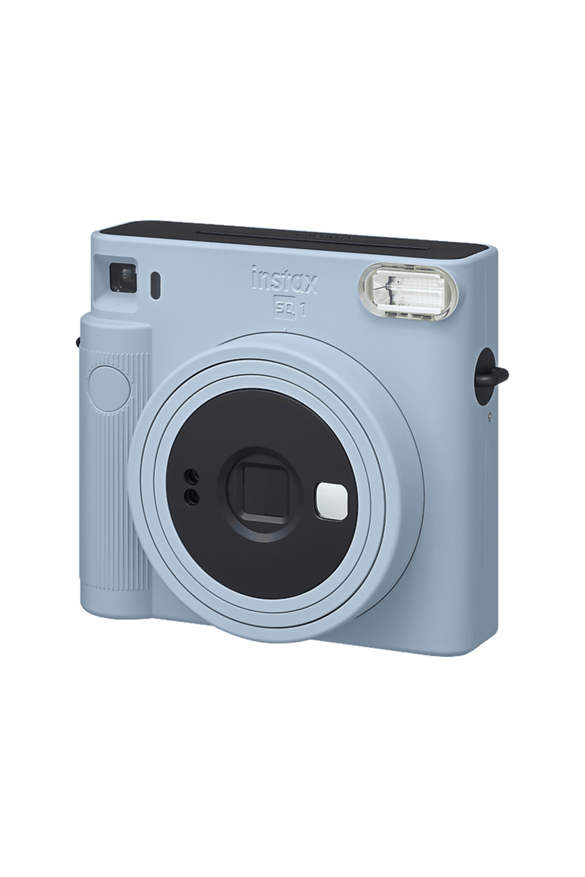 Beyaz arka planda açık mavi renkli bir Instax SQ 1 anlık kamera.