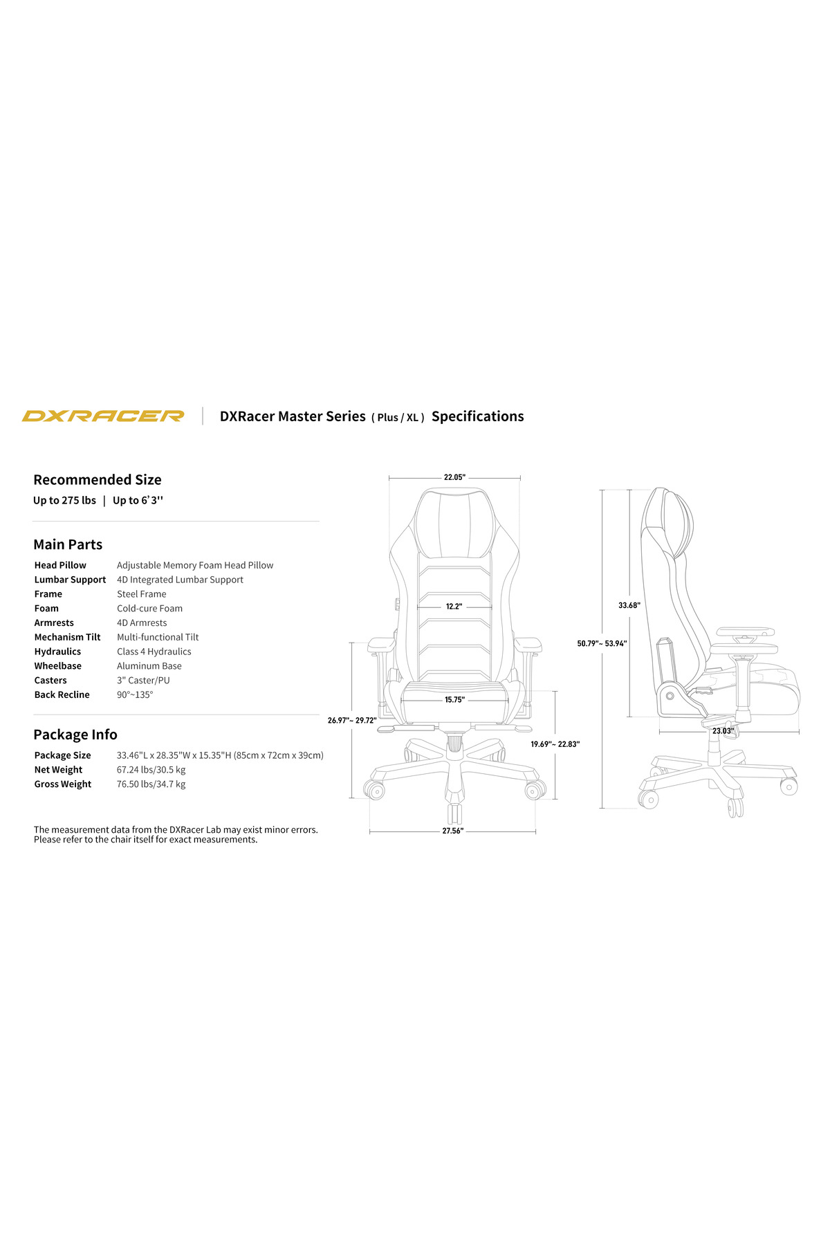 Bir DXRacer sandalyenin ölçüleri ve teknik özellikleri ile teknik çizimi.