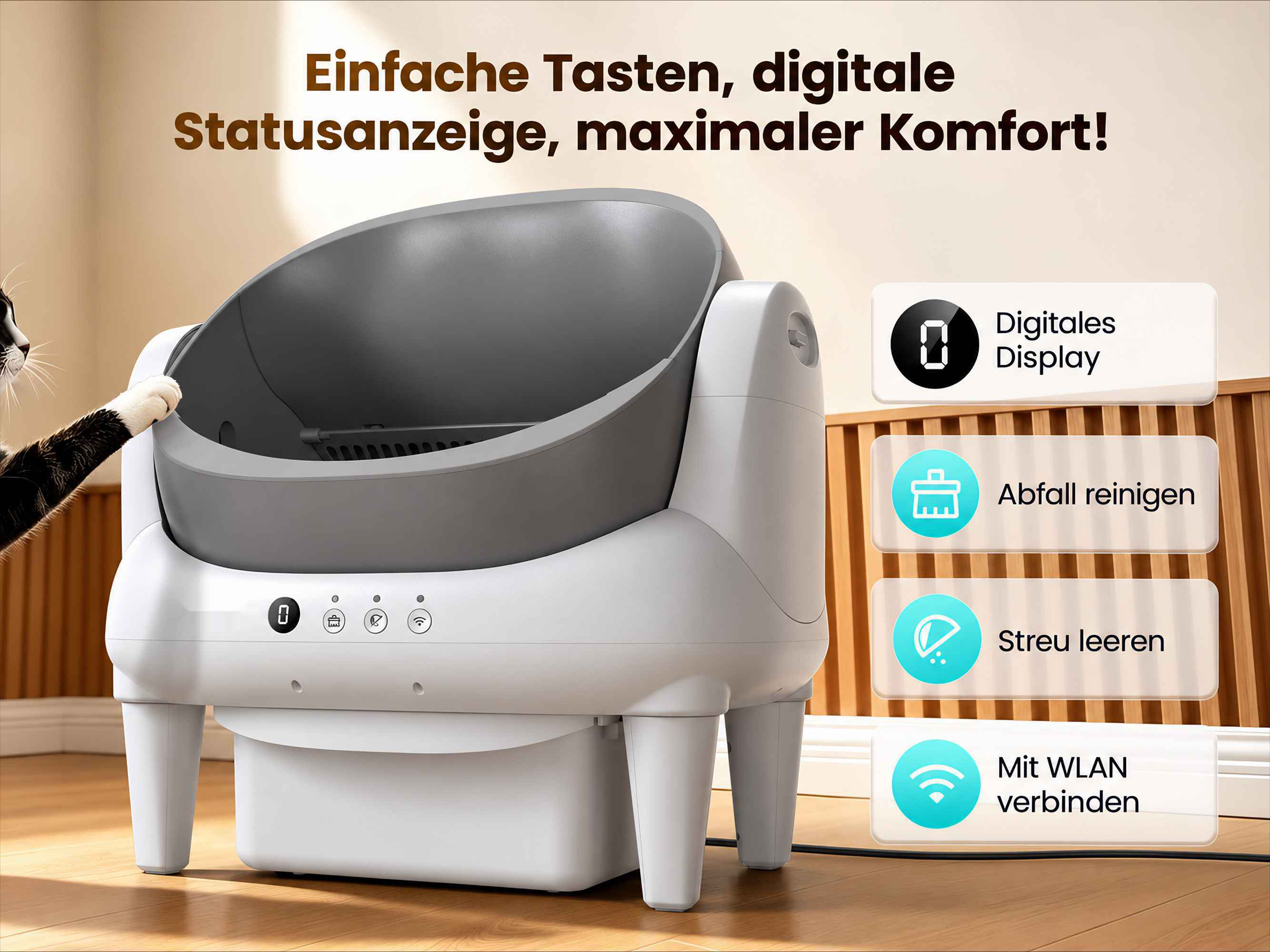 Eine moderne, weiße und graue automatische Katzentoilette auf Holzboden mit Funktionssymbolen an der Seite.