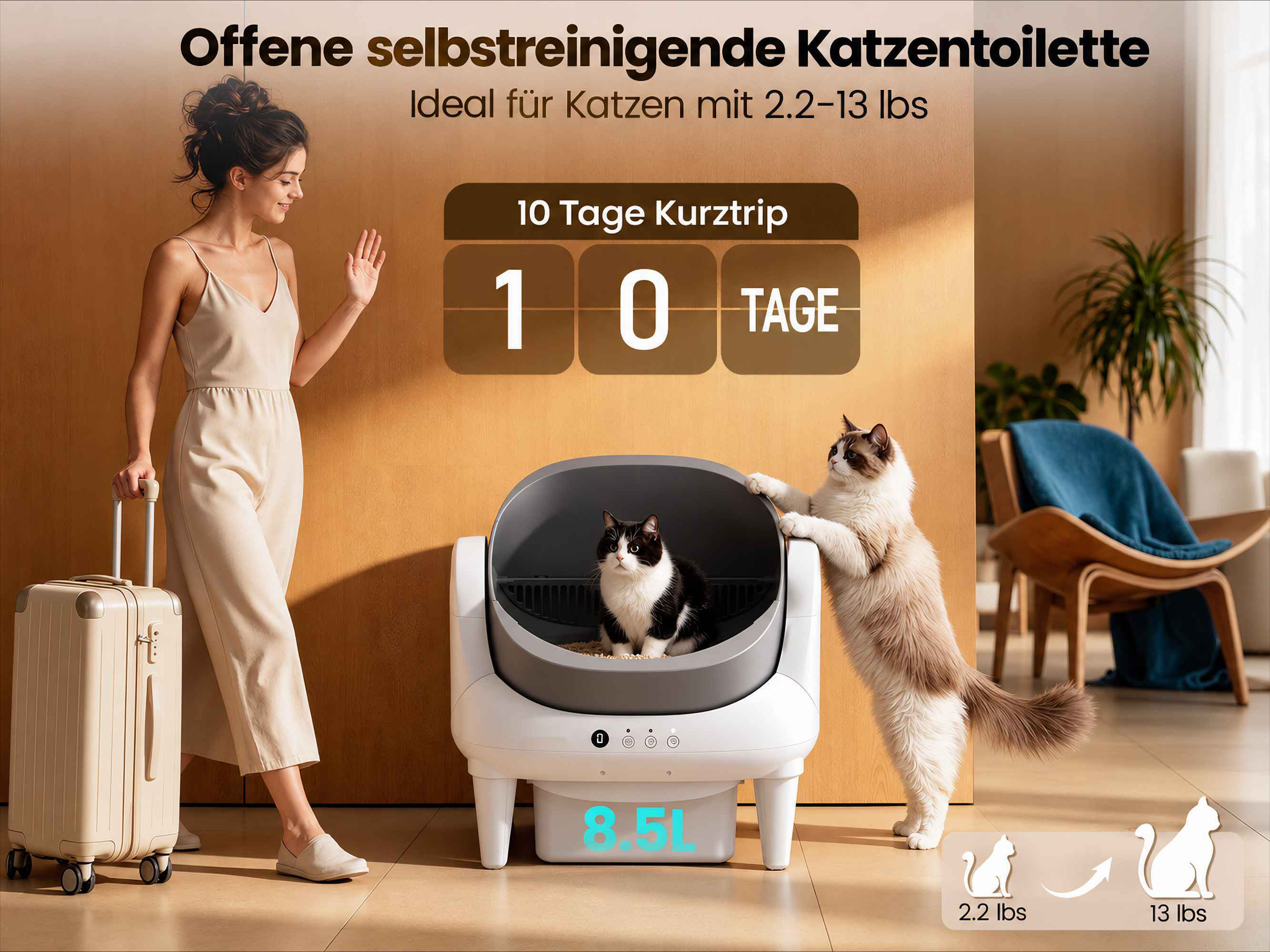 Frau mit Koffer winkt, während zwei Katzen eine automatische Katzentoilette nutzen.