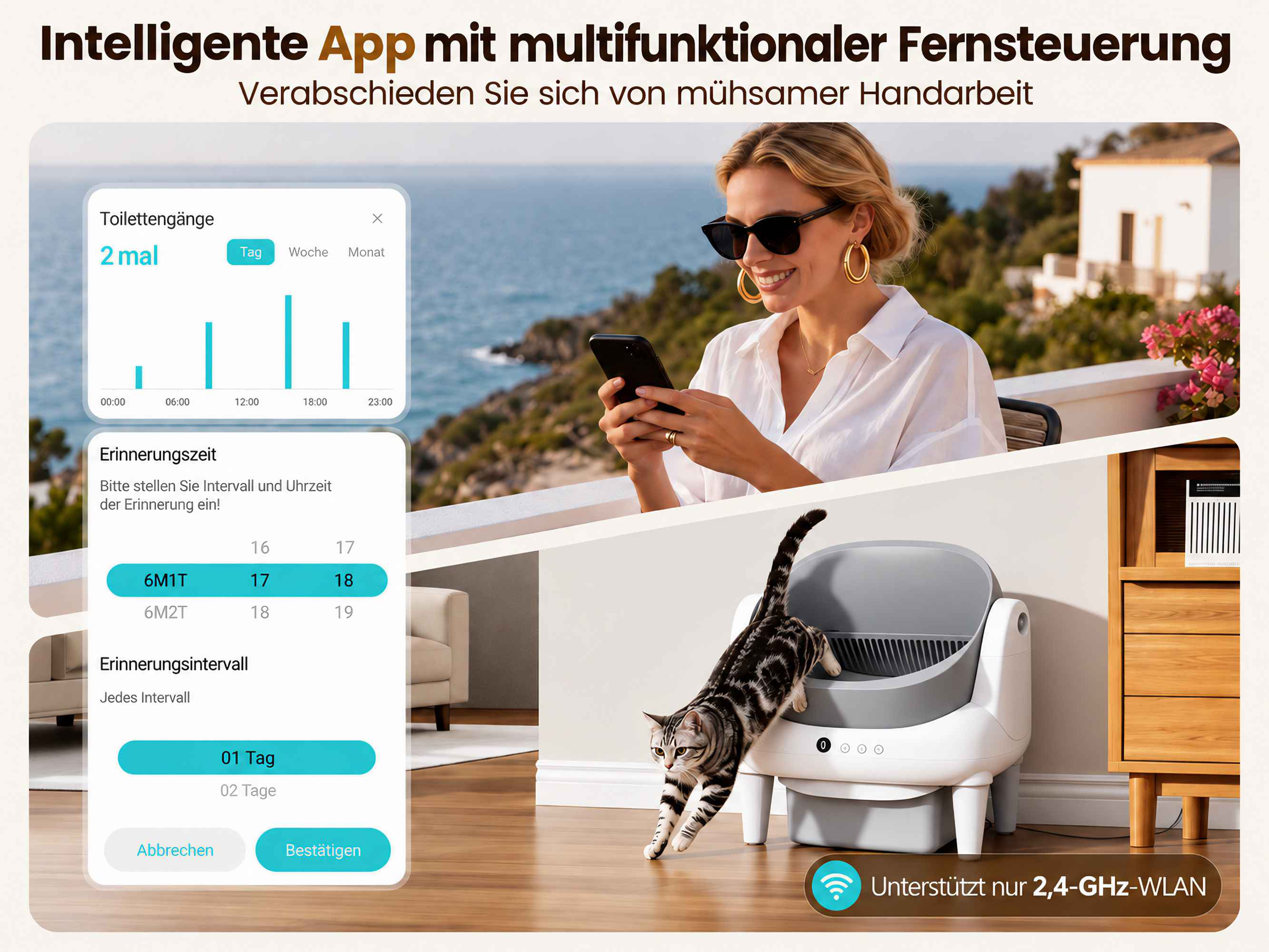 Eine Katze springt aus einer intelligenten Katzentoilette, während eine Frau draußen ihr Handy nutzt.