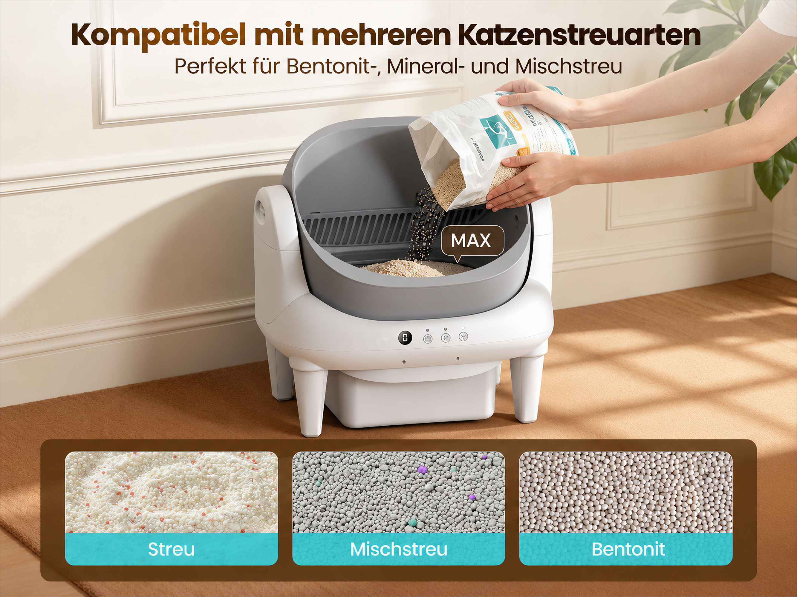 Eine Person füllt Katzenstreu in eine moderne weiße und graue automatische Katzentoilette.
