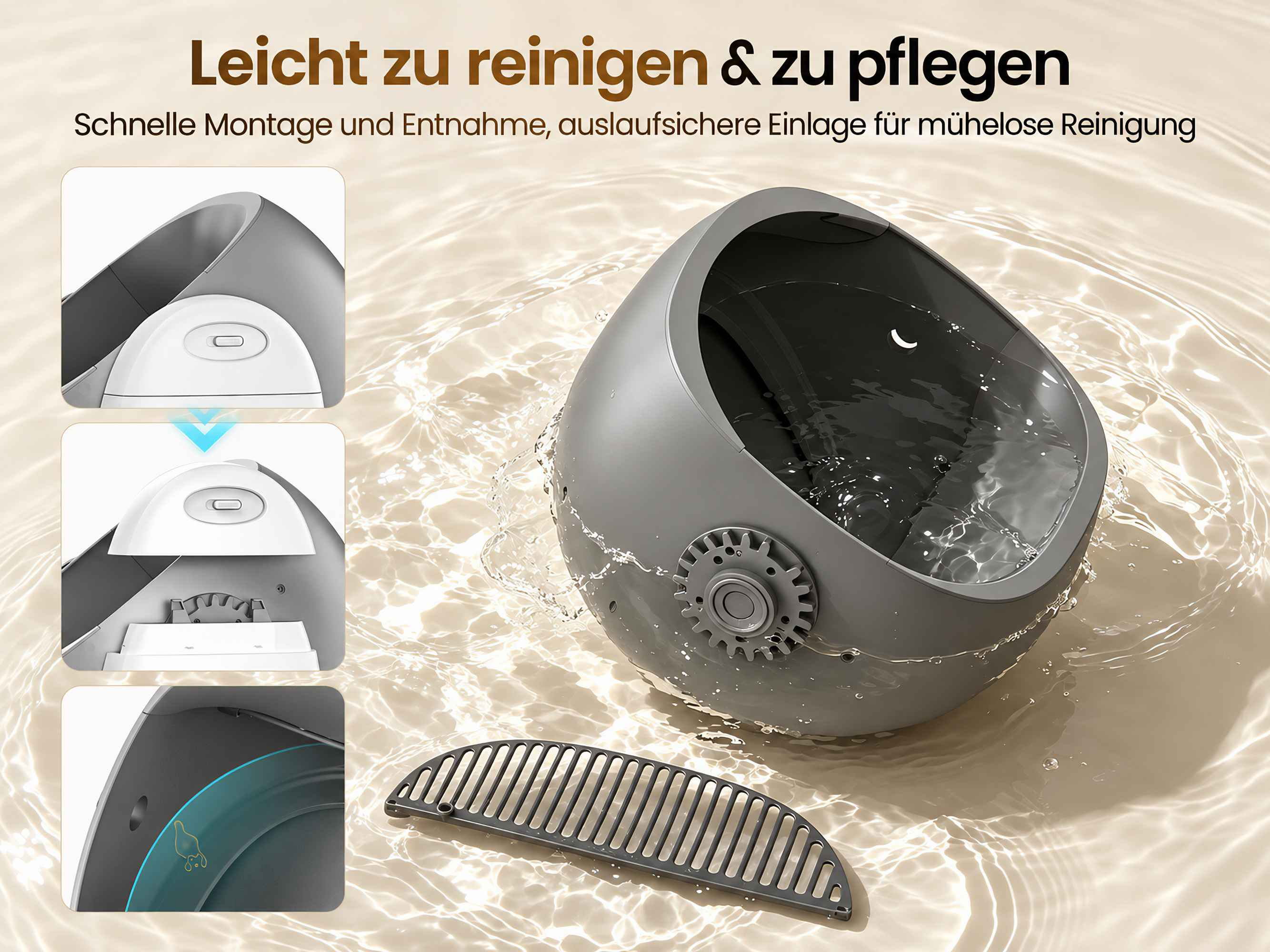 Graues Katzenklo im Wasser, leicht zu reinigen und zusammenzubauen.