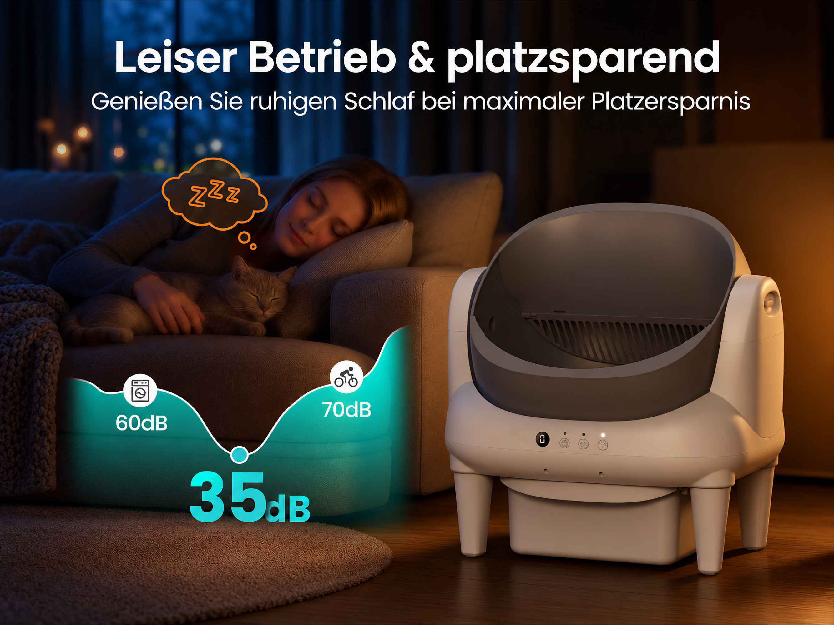 Eine Frau schläft friedlich auf dem Sofa mit einer Katze, daneben steht eine leise automatische Katzentoilette.