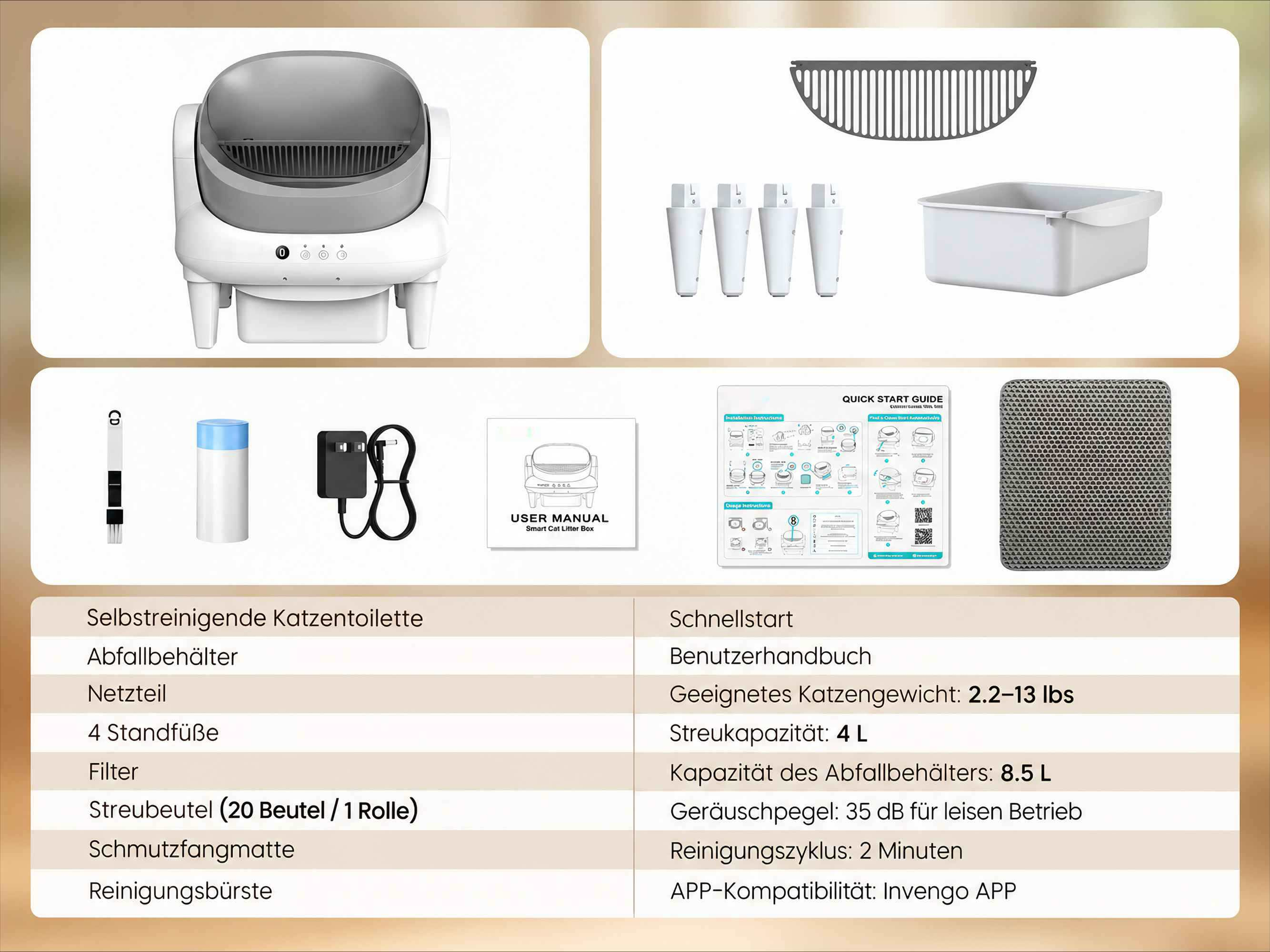 Selbstreinigende Katzentoilette mit Zubehör, Handbuch und technischen Daten auf einem beige Hintergrund.