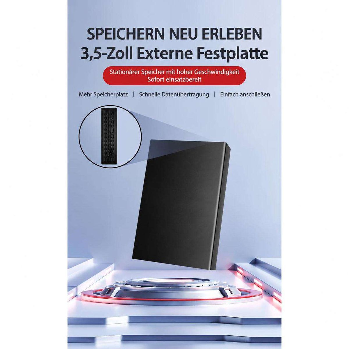 Eine schwarze externe 3,5-Zoll-Festplatte auf einem blauen, futuristischen Podest mit deutschem Werbetext.