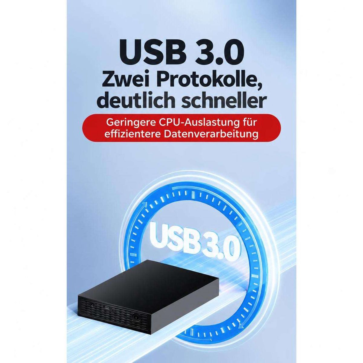 Grafik zeigt ein USB 3.0 Gerät vor einem blauen Hintergrund mit deutscher Beschriftung über Protokolle.