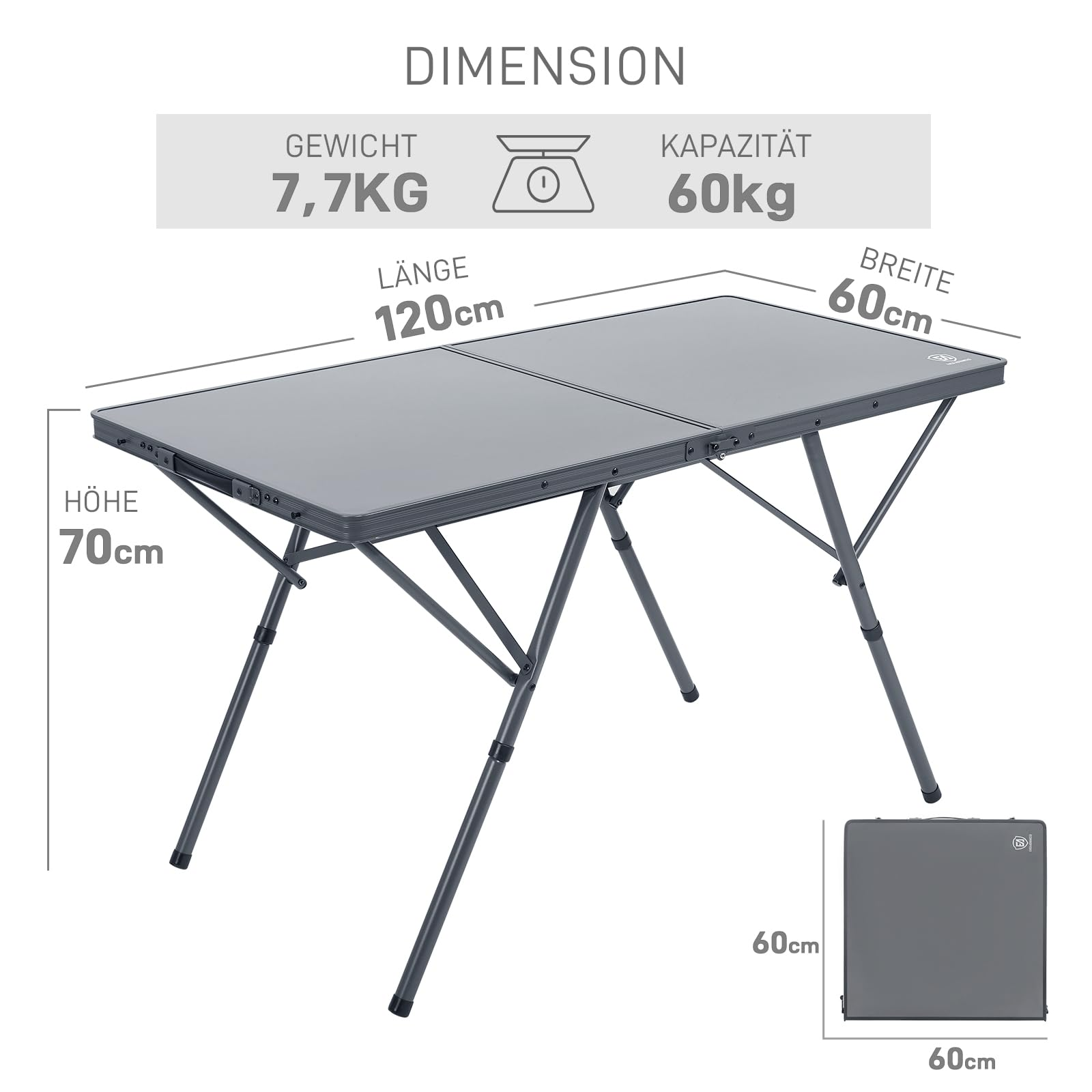 Grauer Campingtisch mit Maßen: Höhe 70cm, Länge 120cm, Breite 60cm, Gewicht 7,7kg, Tragkraft 60kg.