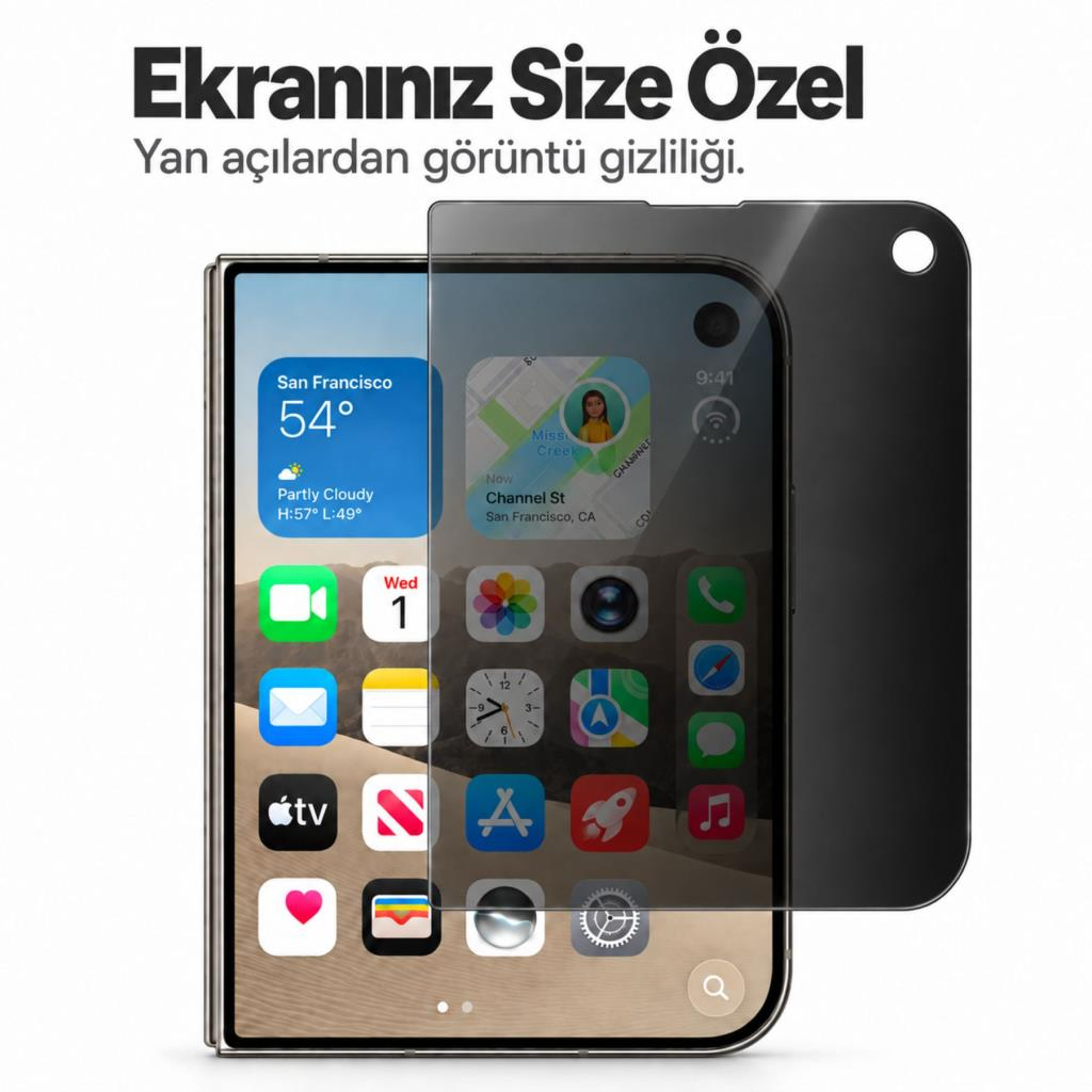 Ekranında uygulama simgeleri olan bir akıllı telefon ve koyu renkli gizlilik filtresi.