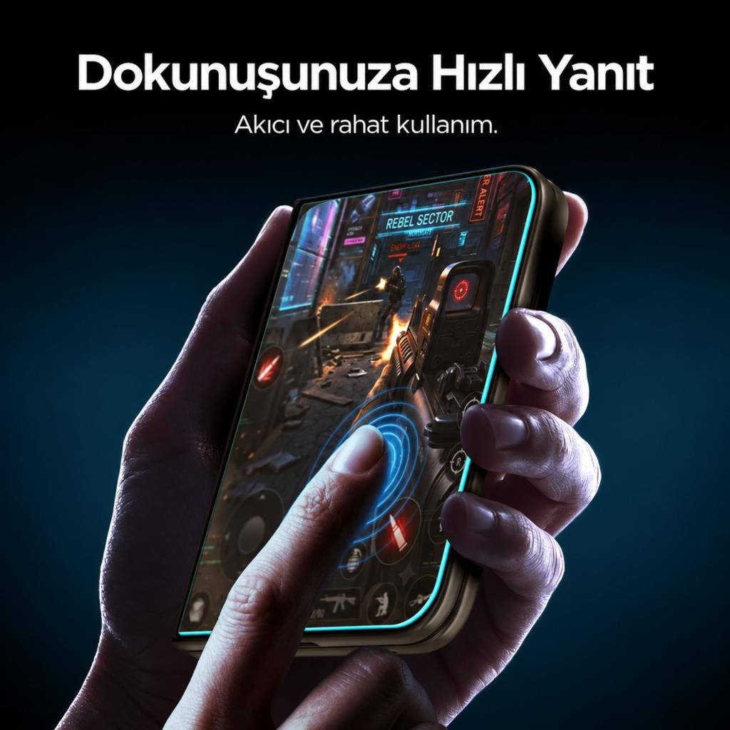 Elinde oyun oynanan ve Türkçe metin içeren bir akıllı telefon.