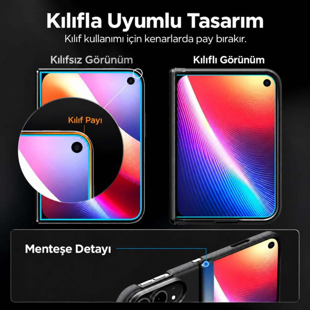 Kılıflı ve kılıfsız iki akıllı telefonun karşılaştırması, kenar ve menteşe detayları ile.