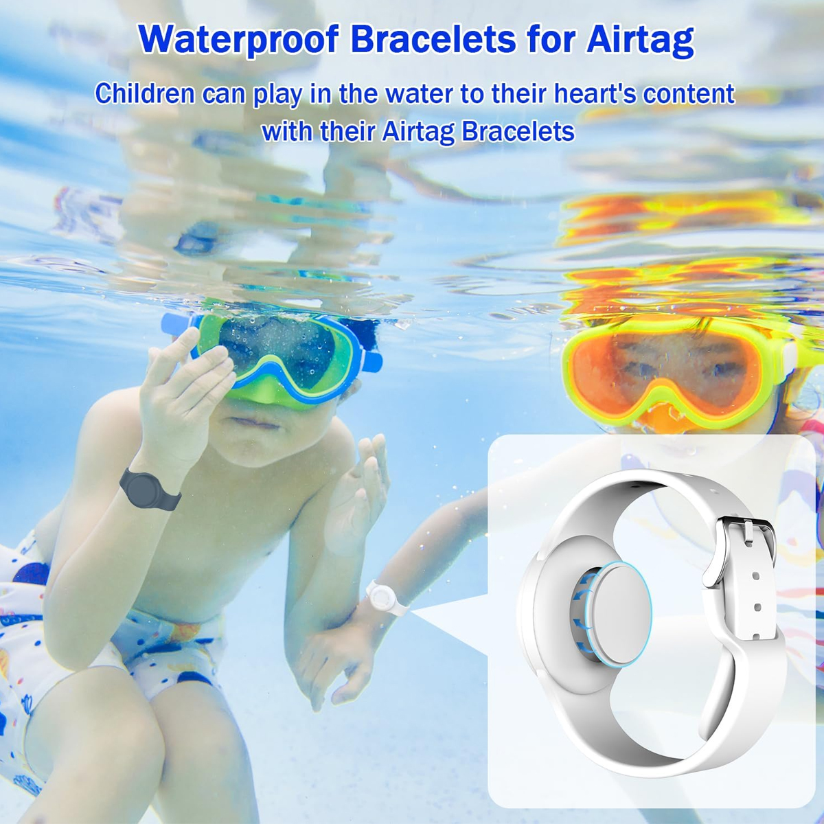 Kinder in Taucherbrillen schwimmen im Pool, mit weißem Airtag-Armband im Vordergrund.