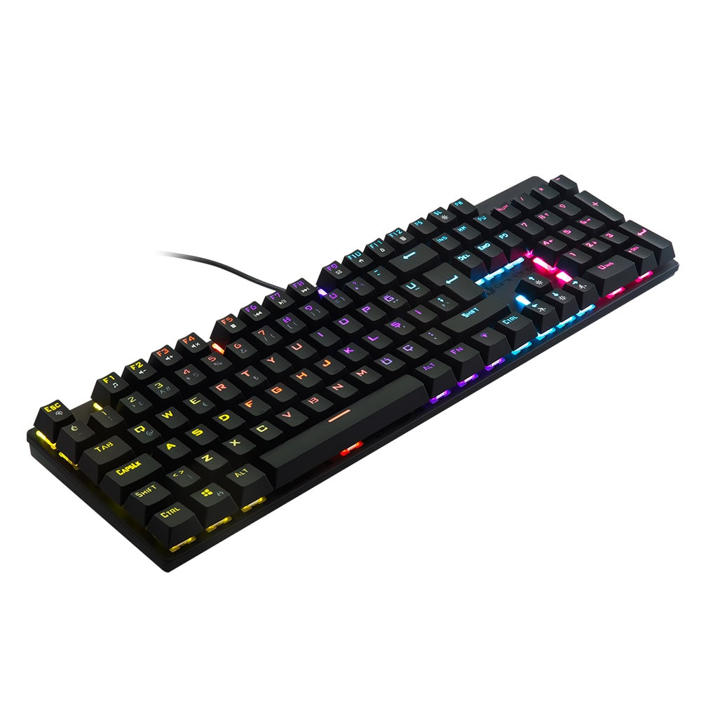 Beyaz arka plana sahip, özelleştirilebilir RGB arka aydınlatmalı siyah mekanik oyuncu klavyesi.