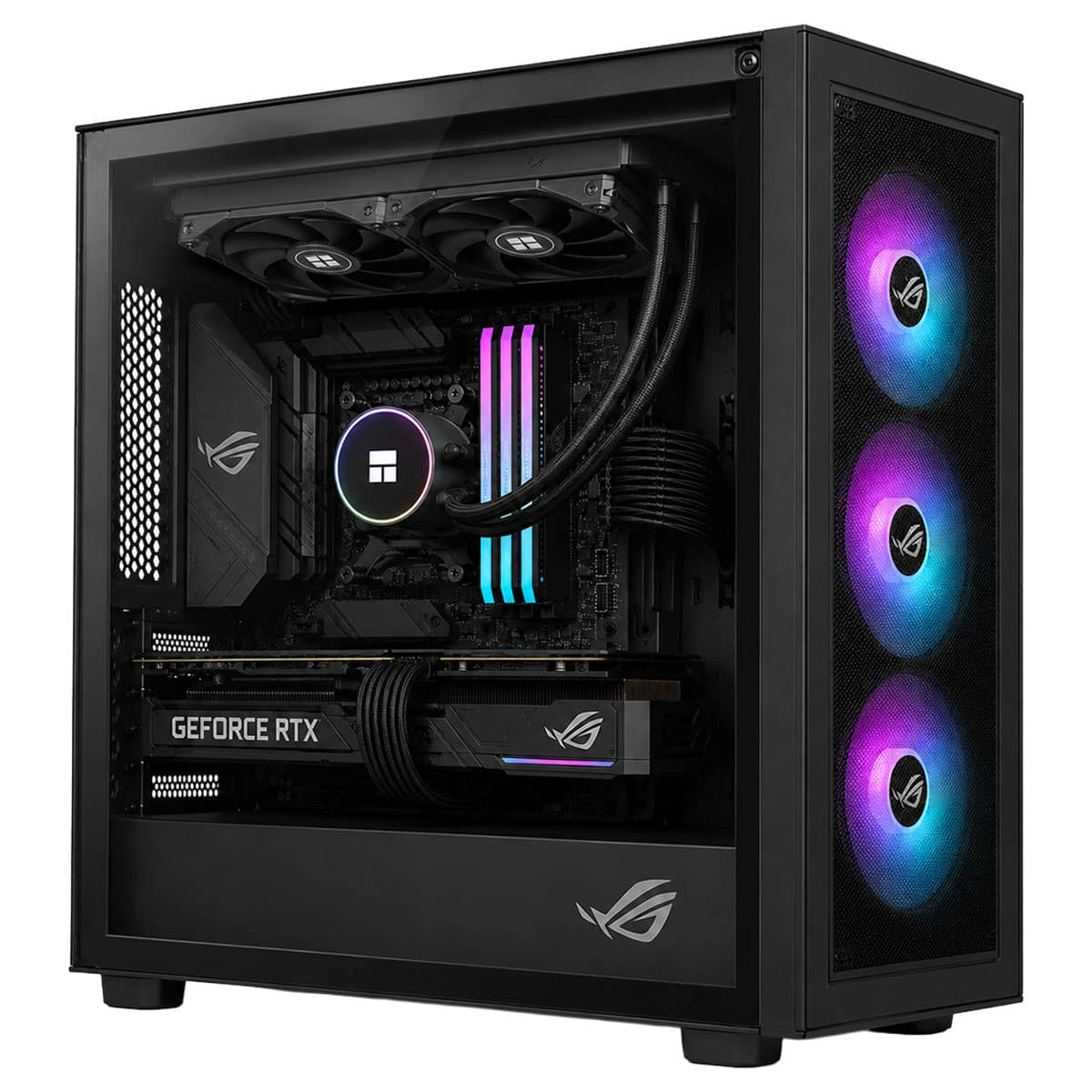 Işıklı RGB fanlara, ekran kartına ve sıvı soğutmaya sahip siyah PC kasası.