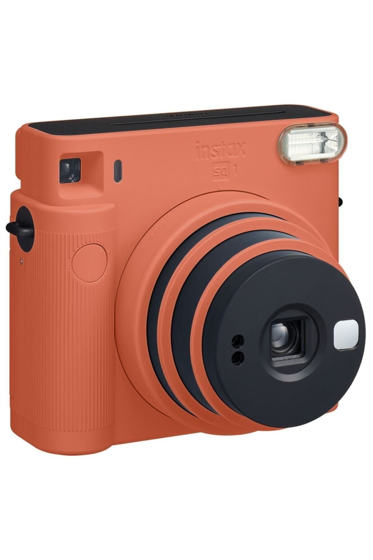 Beyaz arka planda turuncu ve siyah Instax SQ1 anlık kamera.